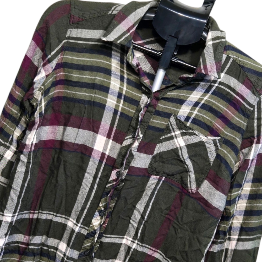 Motherhood Maternity Plaid Button Down Shirt Olive Green Burgundy Viscose Small